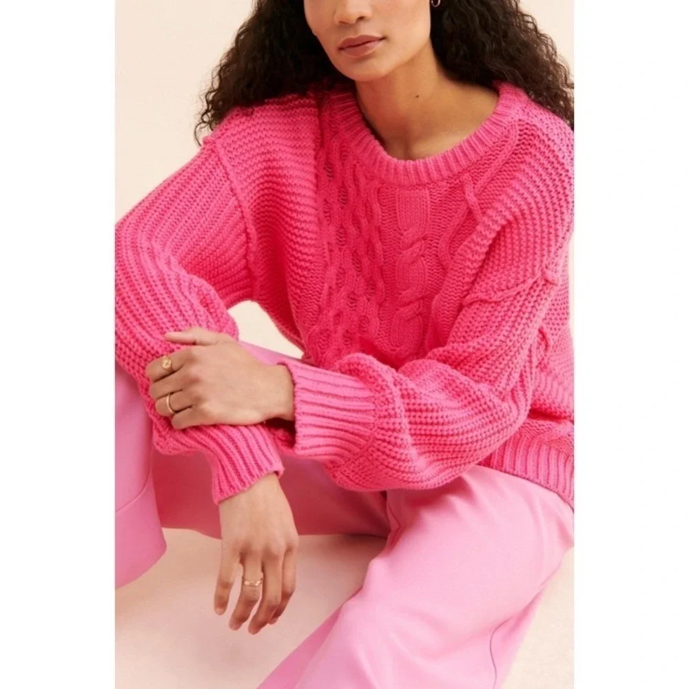Free People On A Boat Cable Knit Sweater Pink Oversized‎ Cotton Blend Womens S
